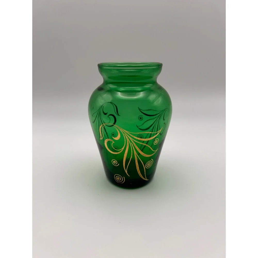 Vintage Anchor Hocking Emerald Green Glass Bud Vase Gold Gilt Scroll 3.75 in